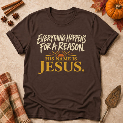 His Name Is Jesus faith T-shirt in Dark Chocolate, laid flat. [bb c=dark-chocolate r=flat]