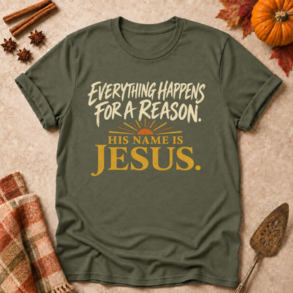 His Name Is Jesus faith T-shirt in Military Green, laid flat. [bb c=military-green r=flat]