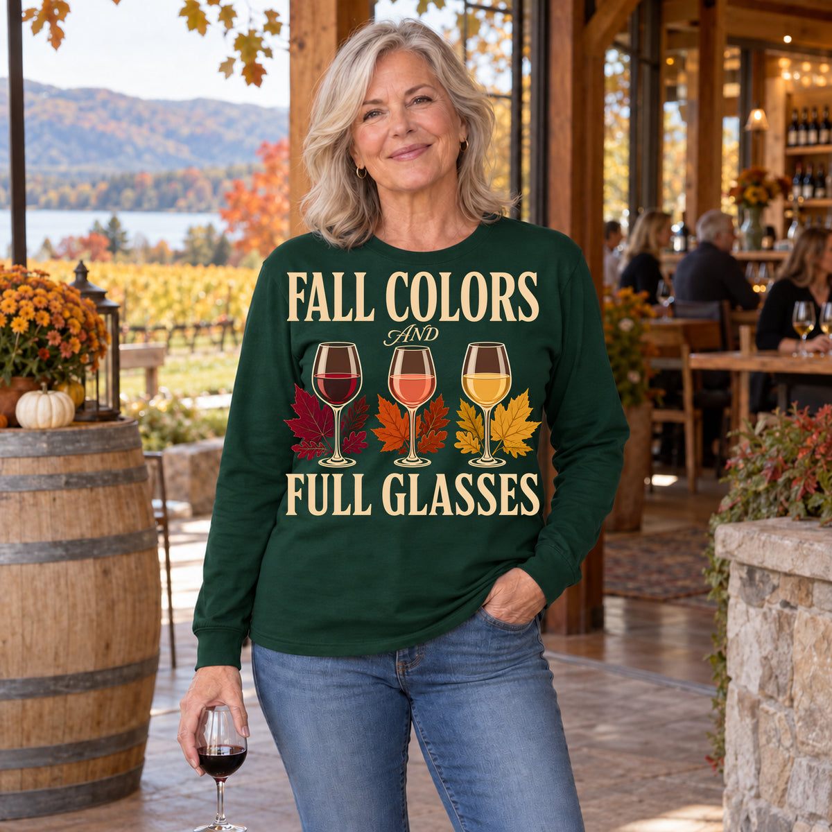 Fall Colors And Full Glasses Fall Colored Print Long Sleeves in Forest Green — modeled lifestyle