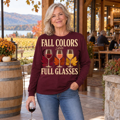 Fall Colors And Full Glasses Fall Colored Print Long Sleeves in Maroon — modeled lifestyle