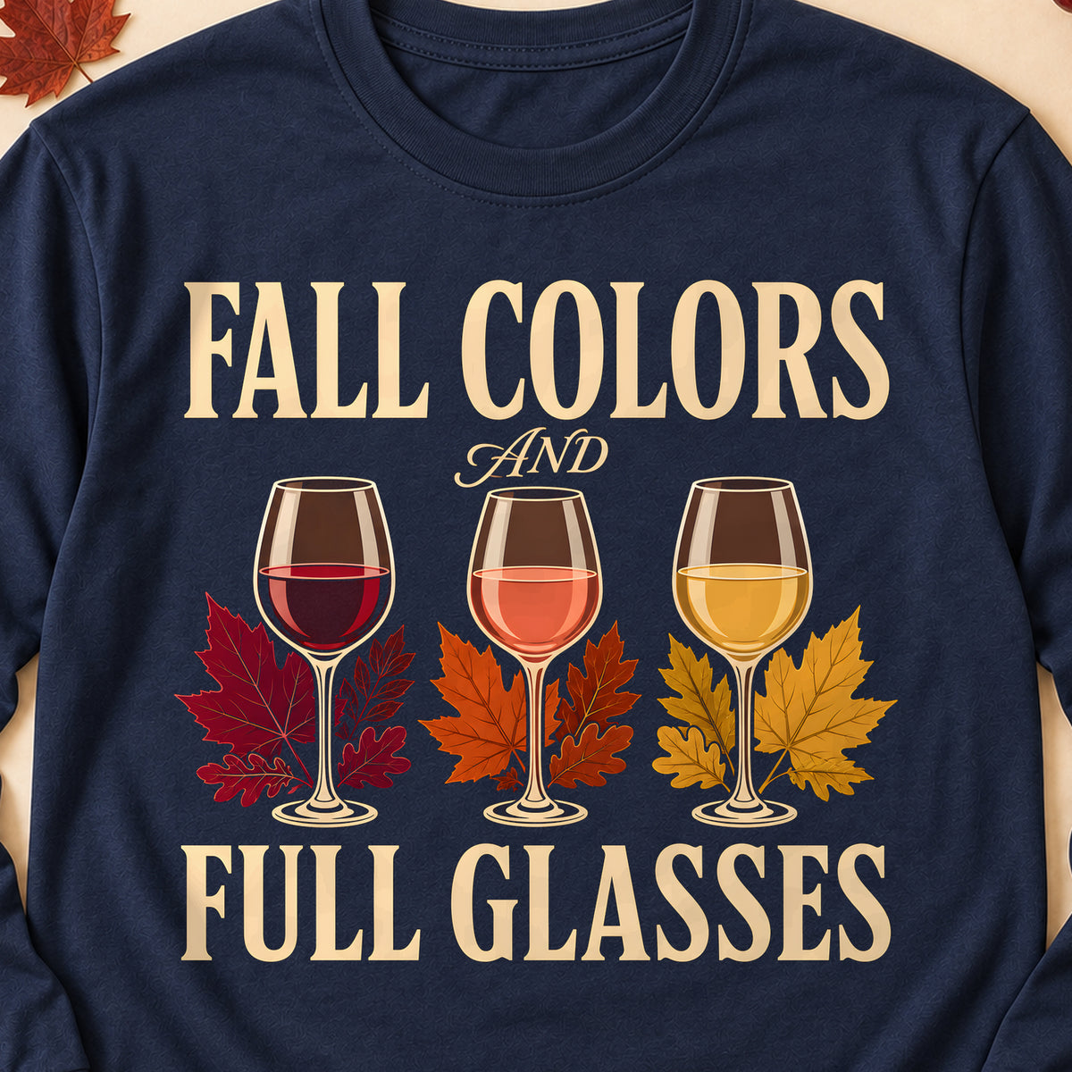 Fall Colors And Full Glasses Fall Colored Print Long Sleeves in Navy — design detail