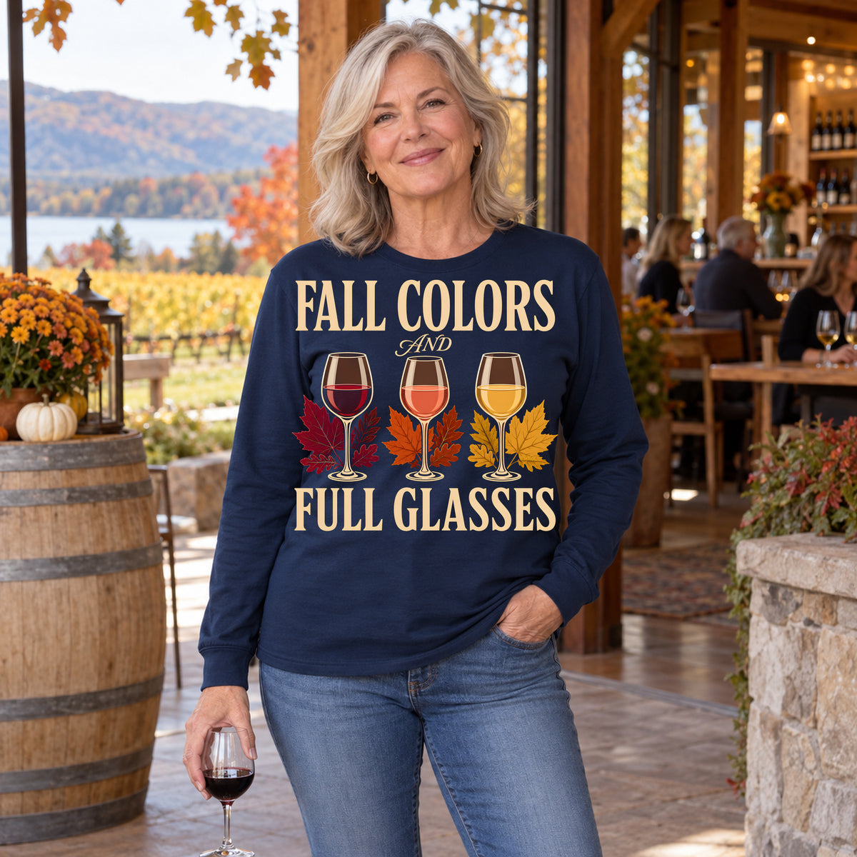 Fall Colors And Full Glasses Fall Colored Print Long Sleeves in Navy — modeled lifestyle
