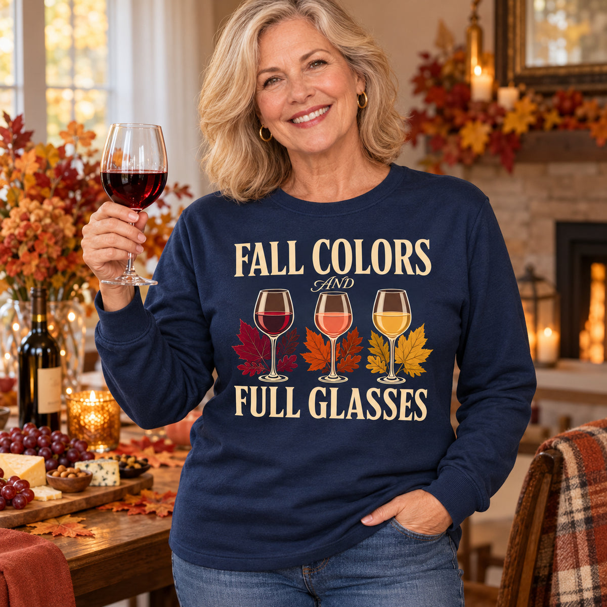 Fall Colors And Full Glasses Fall Colored Print Long Sleeves in Navy — generated model photo