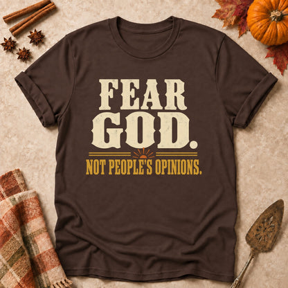 Fear God. Not People's Opinions. faith T-shirt in Dark Chocolate, laid flat. [bb c=dark-chocolate r=flat]