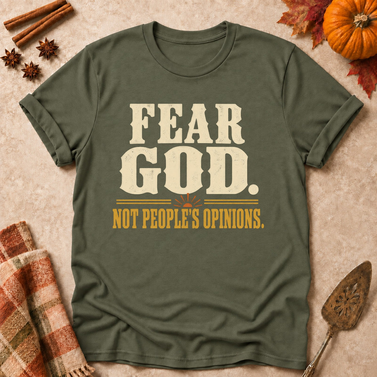 Fear God. Not People's Opinions. faith T-shirt in Military Green, laid flat. [bb c=military-green r=flat]