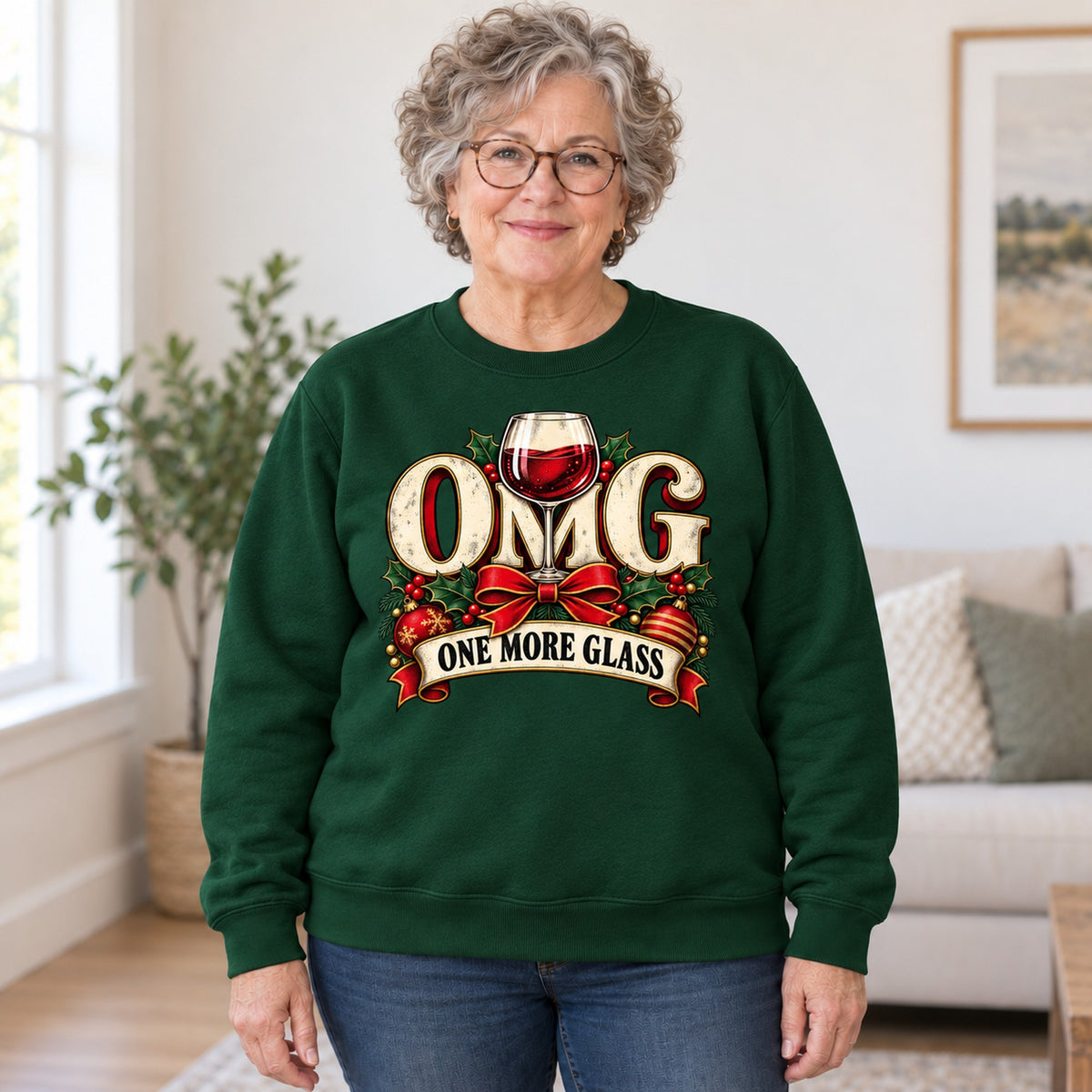 OMG One More Glass sweatshirt in Forest Green, worn by Judy. Judy is 5′4″ and wears her usual size 2XL. [bb c=forest-green r=body2]