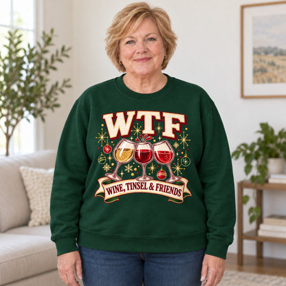 WTF Wine, Tinsel & Friends sweatshirt in Forest Green, worn by Sandy. Sandy is 5′4″ and wears her usual size 2XL. [bb c=forest-green r=body2]