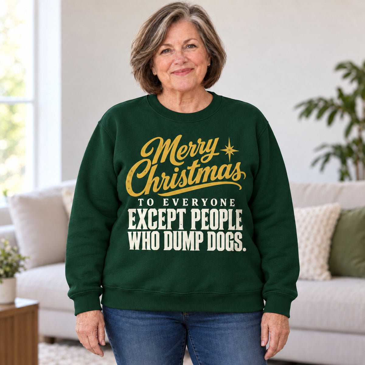 Merry Christmas Except People Who Dump Dogs sweatshirt in Forest Green, worn by Diane. Diane is 5′4″ and wears her usual size 2XL. [bb c=forest-green r=body2]