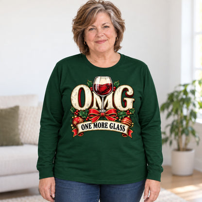 OMG One More Glass long sleeve in Forest Green, worn by Pam. Pam is 5′3″ and wears her usual size 2XL. [bb c=forest-green r=body2]