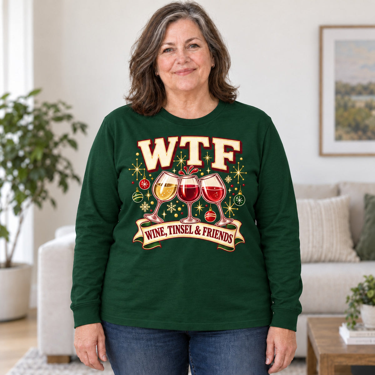WTF Wine, Tinsel & Friends long sleeve in Forest Green, worn by Gail. Gail is 5′3″ and wears her usual size 2XL. [bb c=forest-green r=body2]