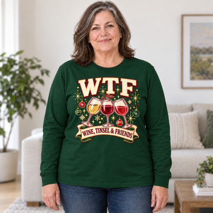 WTF Wine, Tinsel & Friends long sleeve in Forest Green, worn by Gail. Gail is 5′3″ and wears her usual size 2XL. [bb c=forest-green r=body2]