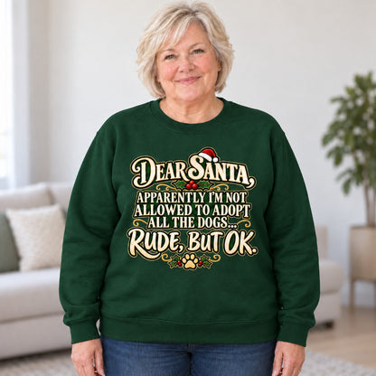 Dear Santa dog mom sweatshirt in Forest Green, worn by Connie. Connie is 5′4″ and wears her usual size 2XL. [bb c=forest-green r=body2]