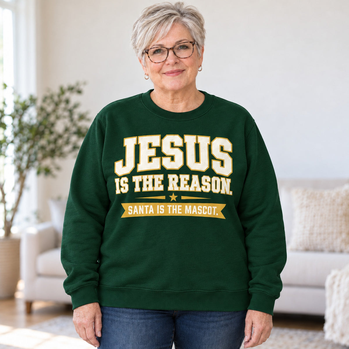Jesus Is The Reason sweatshirt in Forest Green, worn by Maureen. Maureen is 5′3″ and wears her usual size 2XL. [bb c=forest-green r=body2]