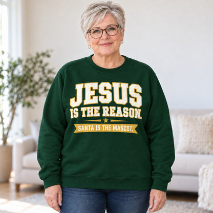 Jesus Is The Reason sweatshirt in Forest Green, worn by Maureen. Maureen is 5′3″ and wears her usual size 2XL. [bb c=forest-green r=body2]