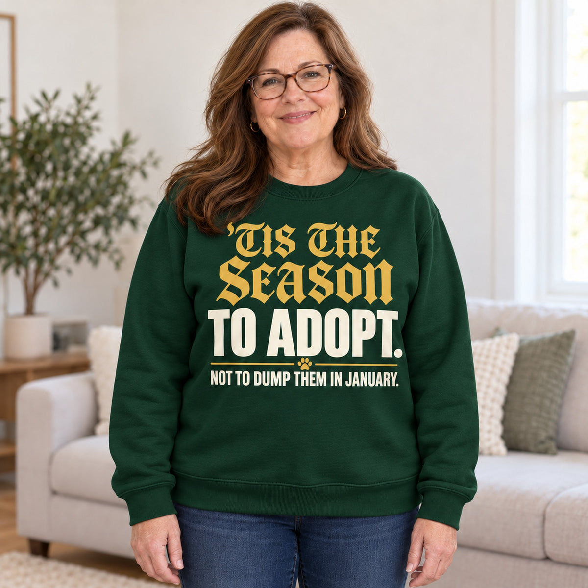 'Tis The Season To Adopt sweatshirt in Forest Green, worn by Linda. Linda is 5′6″ and wears her usual size 2XL. [bb c=forest-green r=body2]