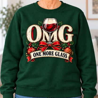 OMG One More Glass sweatshirt in Forest Green, close-up of the print, worn by Barbara. Barbara is 5′5″ and wears her usual size L. [bb c=forest-green r=close]