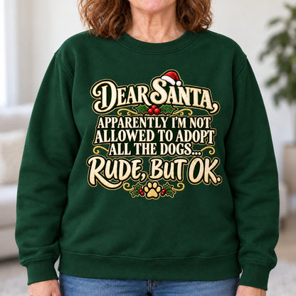 Dear Santa dog mom sweatshirt in Forest Green, close-up of the print, worn by Gloria. Gloria is 5′5″ and wears her usual size L. [bb c=forest-green r=close]