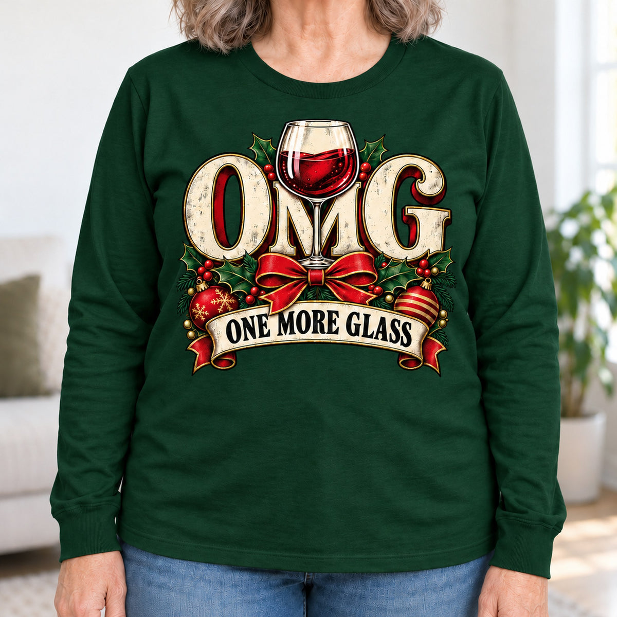OMG One More Glass long sleeve in Forest Green, close-up of the print, worn by Sharon. Sharon is 5′6″ and wears her usual size L. [bb c=forest-green r=close]