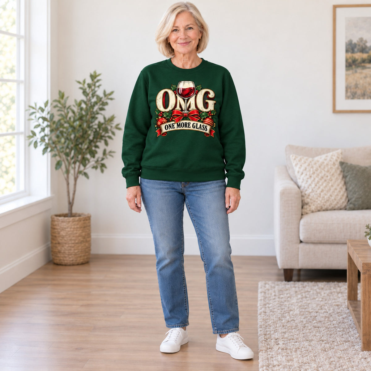 OMG One More Glass sweatshirt in Forest Green, full length, worn by Barbara. Barbara is 5′5″ and wears her usual size L. [bb c=forest-green r=fit]