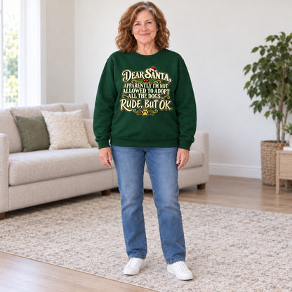 Dear Santa dog mom sweatshirt in Forest Green, full length, worn by Gloria. Gloria is 5′5″ and wears her usual size L. [bb c=forest-green r=fit]