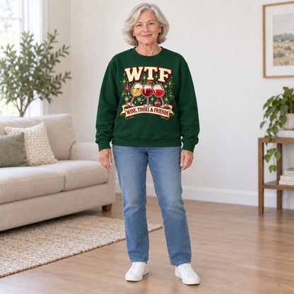 WTF Wine, Tinsel & Friends sweatshirt in Forest Green, full length, worn by Kathy. Kathy is 5′5″ and wears her usual size L. [bb c=forest-green r=fit]