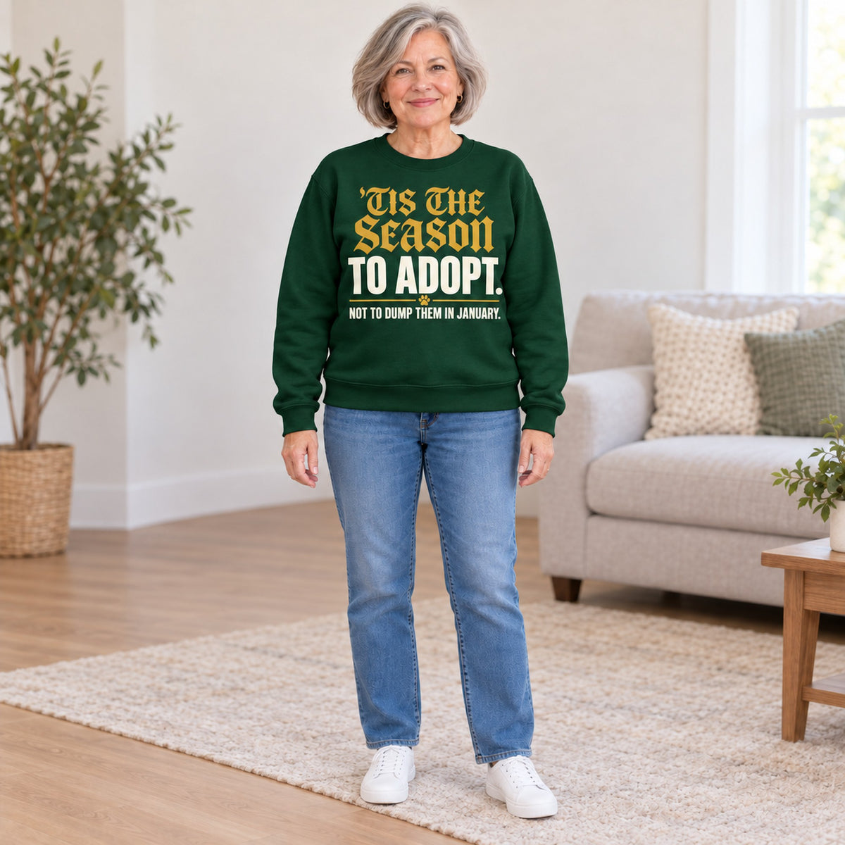 'Tis The Season To Adopt sweatshirt in Forest Green, full length, worn by Carol. Carol is 5′4″ and wears her usual size L. [bb c=forest-green r=fit]
