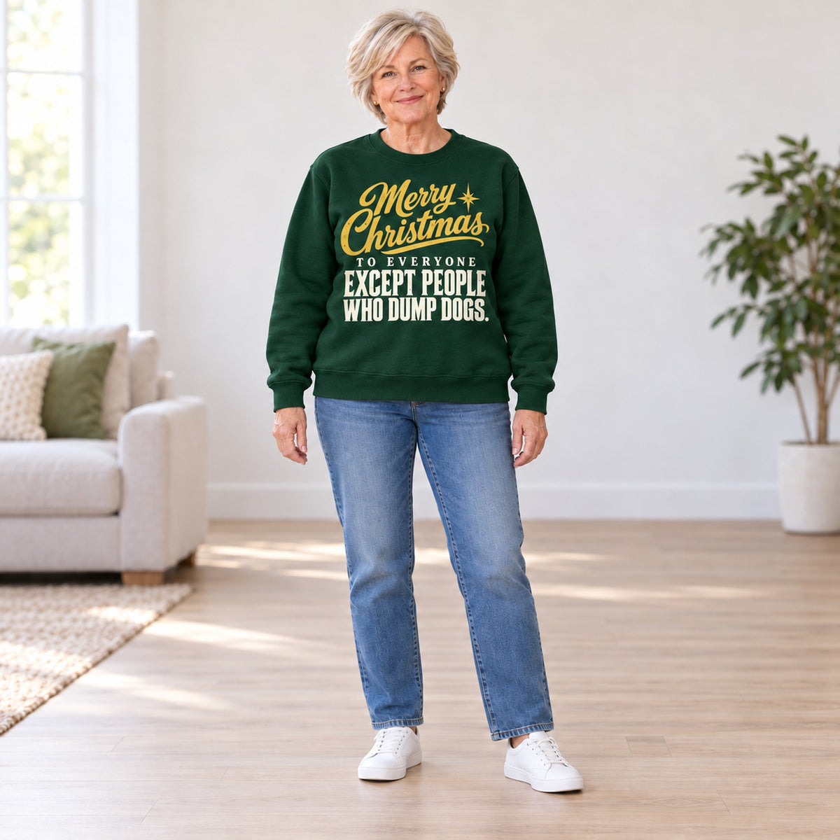 Merry Christmas Except People Who Dump Dogs sweatshirt in Forest Green, full length, worn by Nancy. Nancy is 5′5″ and wears her usual size L. [bb c=forest-green r=fit]