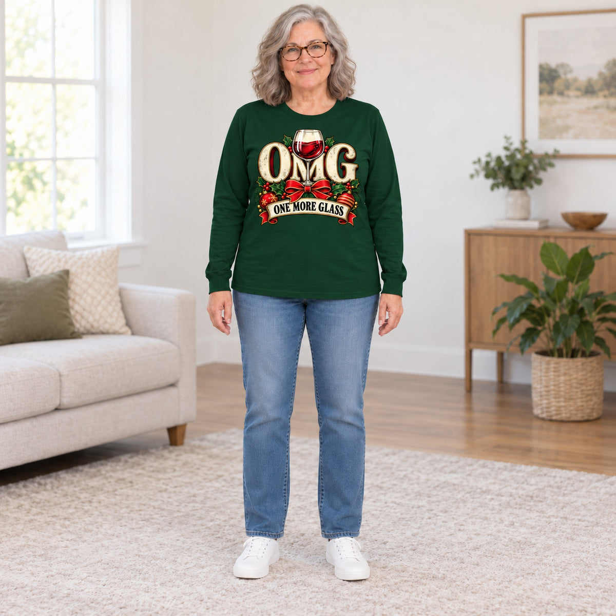 OMG One More Glass long sleeve in Forest Green, full length, worn by Sharon. Sharon is 5′6″ and wears her usual size L. [bb c=forest-green r=fit]