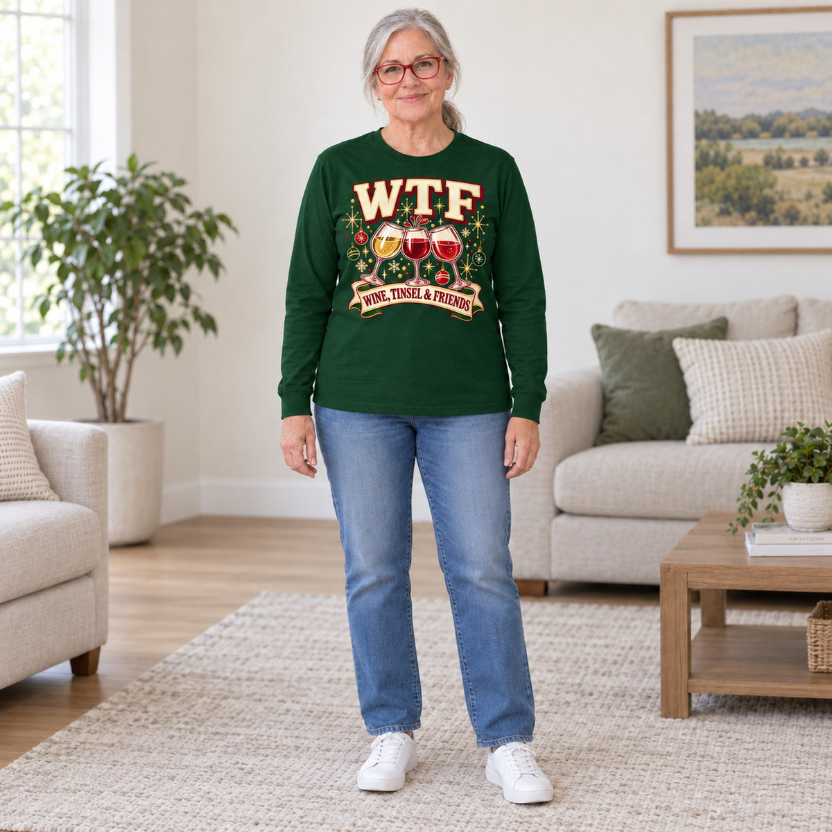 WTF Wine, Tinsel & Friends long sleeve in Forest Green, full length, worn by Peggy. Peggy is 5′6″ and wears her usual size L. [bb c=forest-green r=fit]