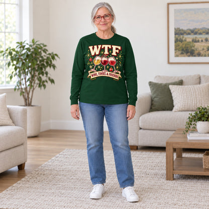 WTF Wine, Tinsel & Friends long sleeve in Forest Green, full length, worn by Peggy. Peggy is 5′6″ and wears her usual size L. [bb c=forest-green r=fit]