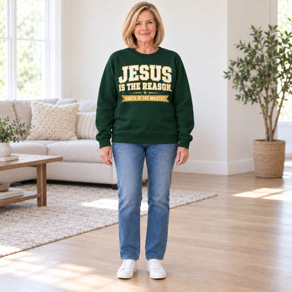 Jesus Is The Reason sweatshirt in Forest Green, full length, worn by Patty. Patty is 5′6″ and wears her usual size L. [bb c=forest-green r=fit]
