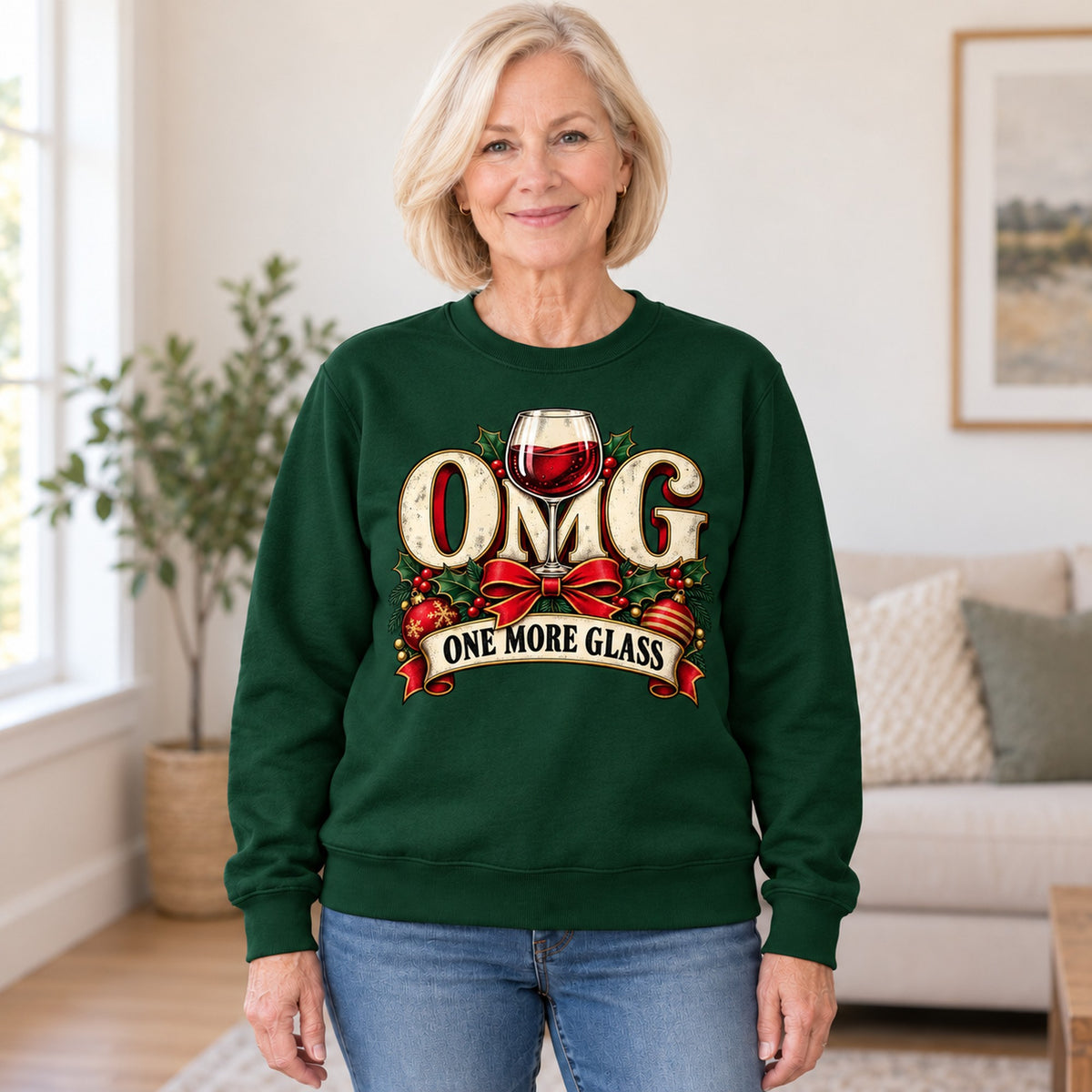 OMG One More Glass sweatshirt in Forest Green, worn by Barbara. Barbara is 5′5″ and wears her usual size L. [bb c=forest-green r=hero]