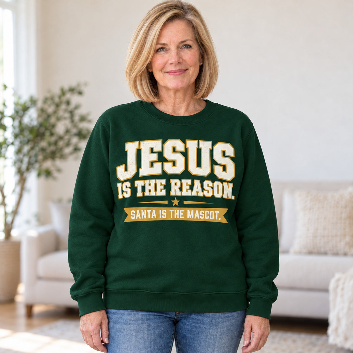 Jesus Is The Reason sweatshirt in Forest Green, worn by Patty. Patty is 5′6″ and wears her usual size L. [bb c=forest-green r=hero]