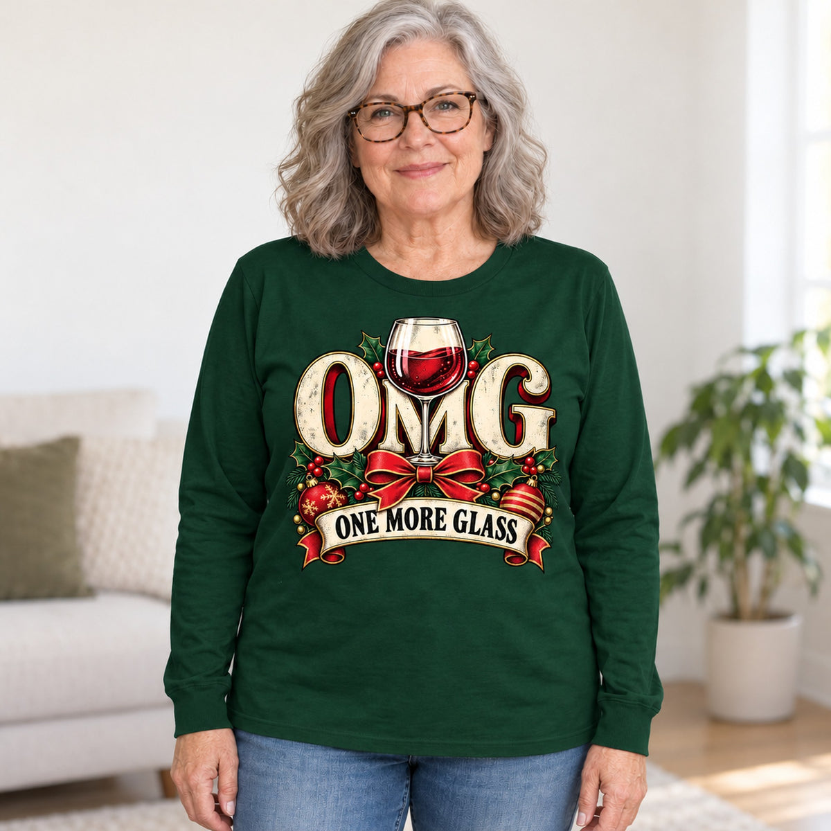 OMG One More Glass long sleeve in Forest Green, worn by Sharon. Sharon is 5′6″ and wears her usual size L. [bb c=forest-green r=hero]