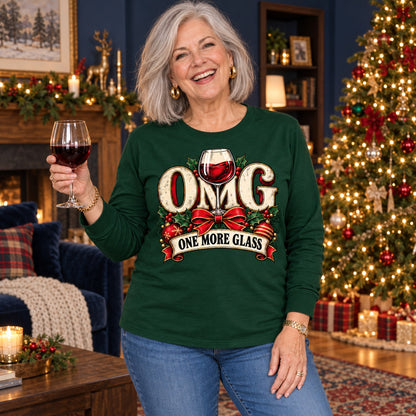 OMG One More Glass long sleeve in Forest Green, worn by Sharon. Sharon is 5′6″ and wears her usual size L. [bb c=forest-green r=hero]