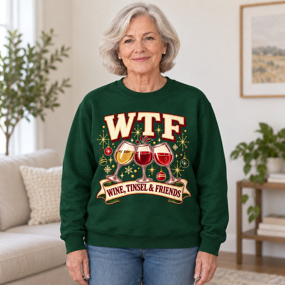 WTF Wine, Tinsel & Friends sweatshirt in Forest Green, worn by Kathy. Kathy is 5′5″ and wears her usual size L. [bb c=forest-green r=hero]