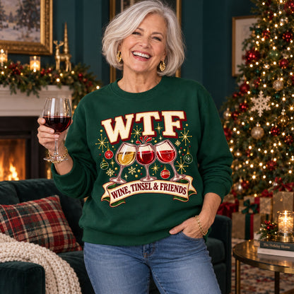 WTF Wine, Tinsel & Friends sweatshirt in Forest Green, worn by Kathy. Kathy is 5′5″ and wears her usual size L. [bb c=forest-green r=hero]