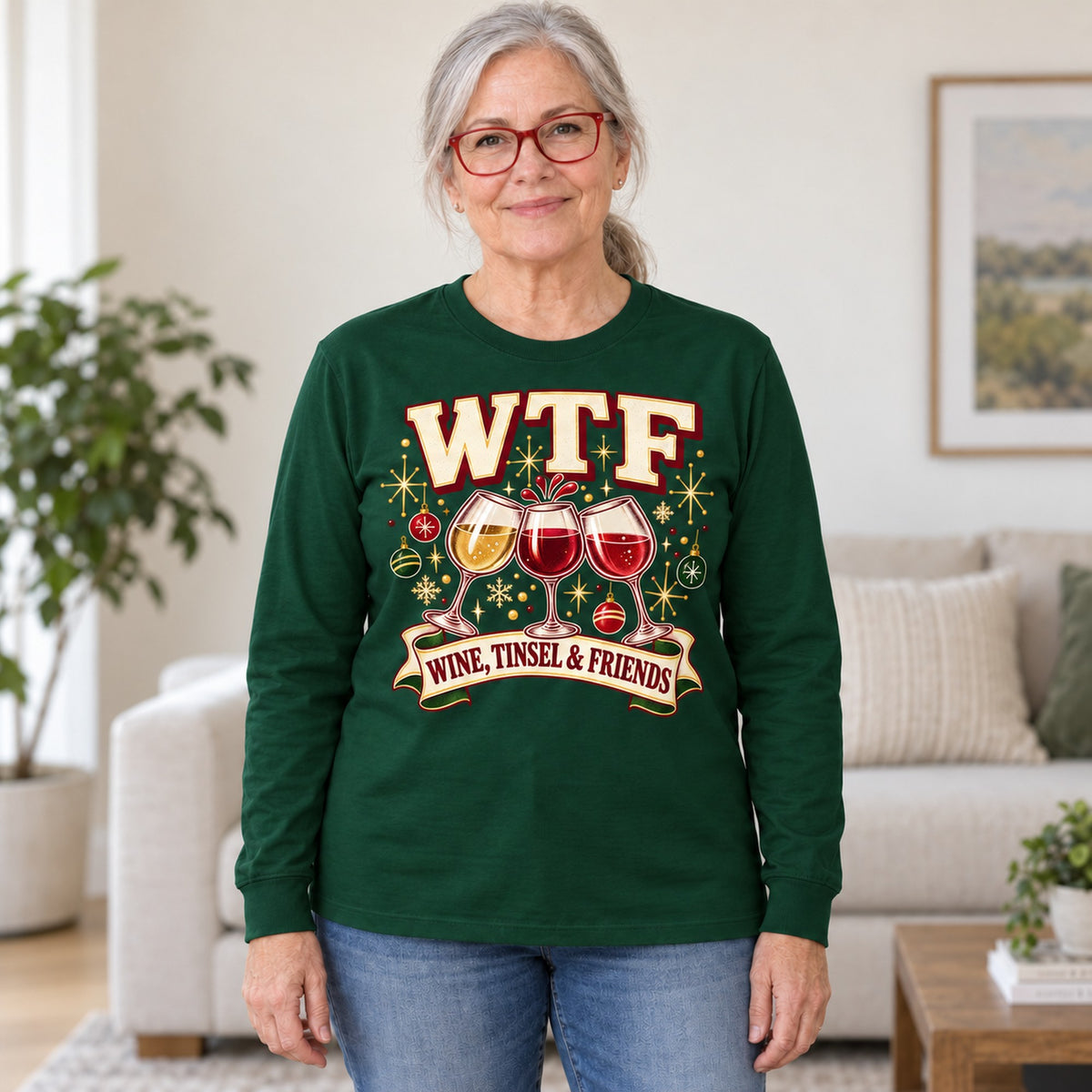 WTF Wine, Tinsel & Friends long sleeve in Forest Green, worn by Peggy. Peggy is 5′6″ and wears her usual size L. [bb c=forest-green r=hero]