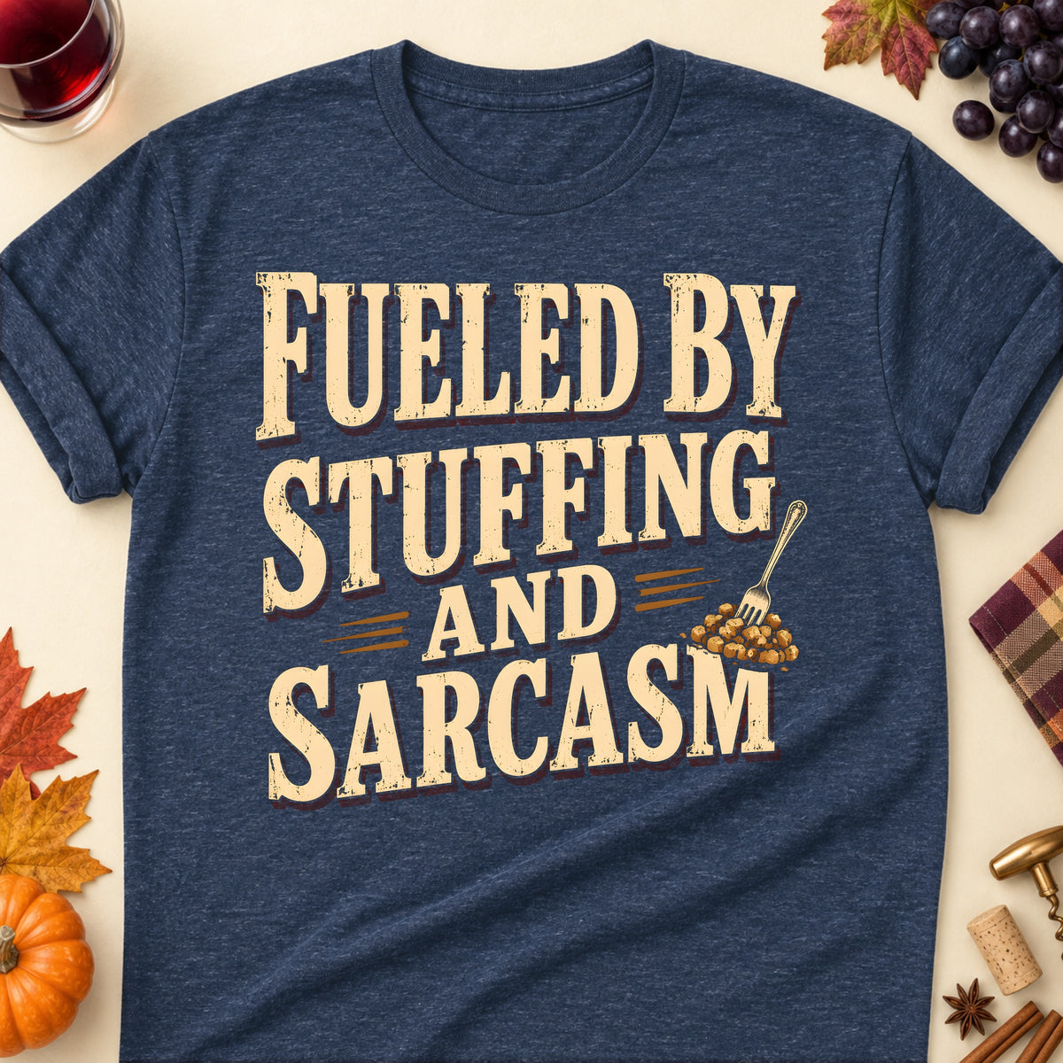 Fueled By Stuffing And Sarcasm Fall Colored Print T-Shirt - Heather Navy - Brooke & Belle
