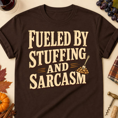 Fueled By Stuffing And Sarcasm Fall Colored Print T-Shirt - Dark Chocolate - Brooke & Belle