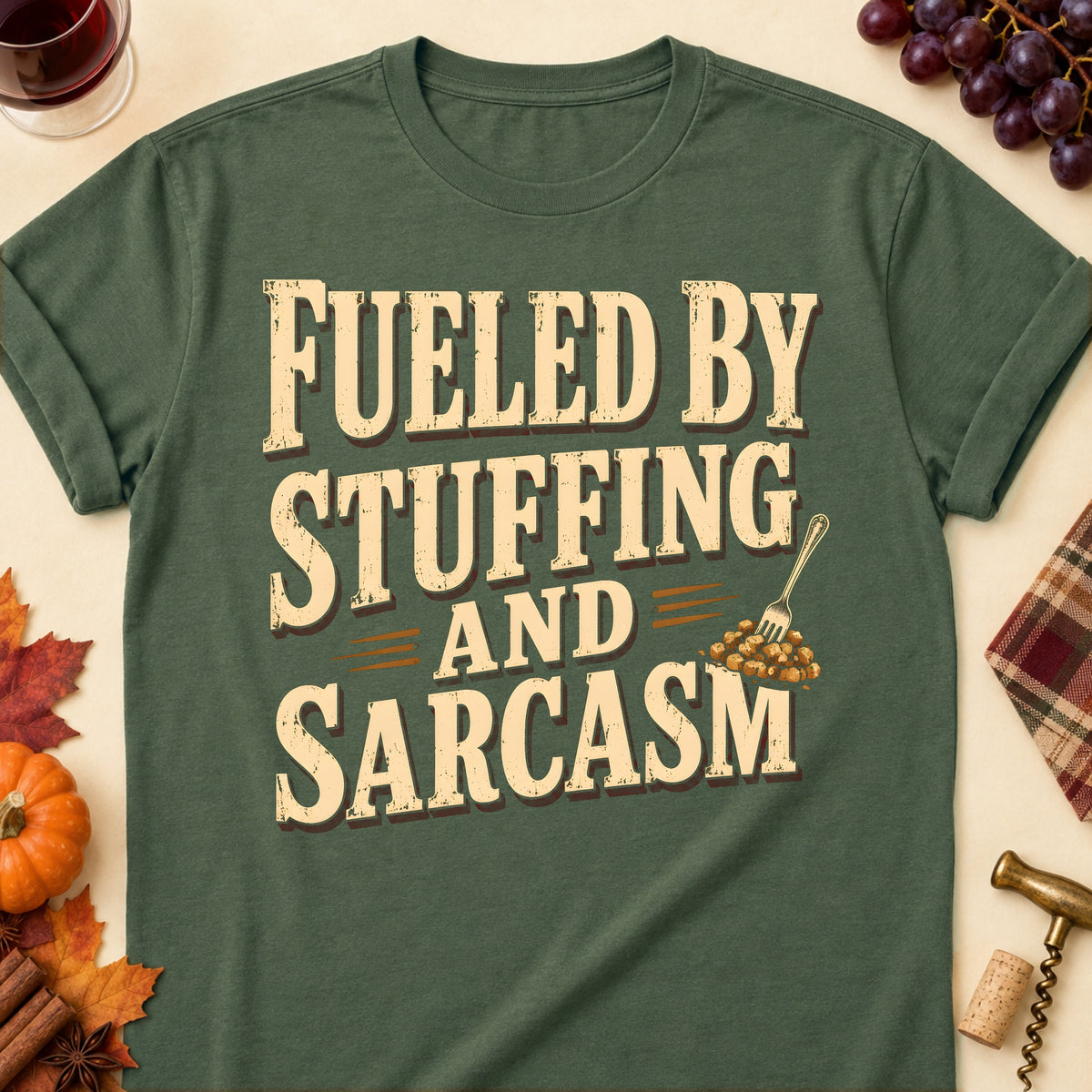 Fueled By Stuffing And Sarcasm Fall Colored Print T-Shirt - Military Green - Brooke & Belle