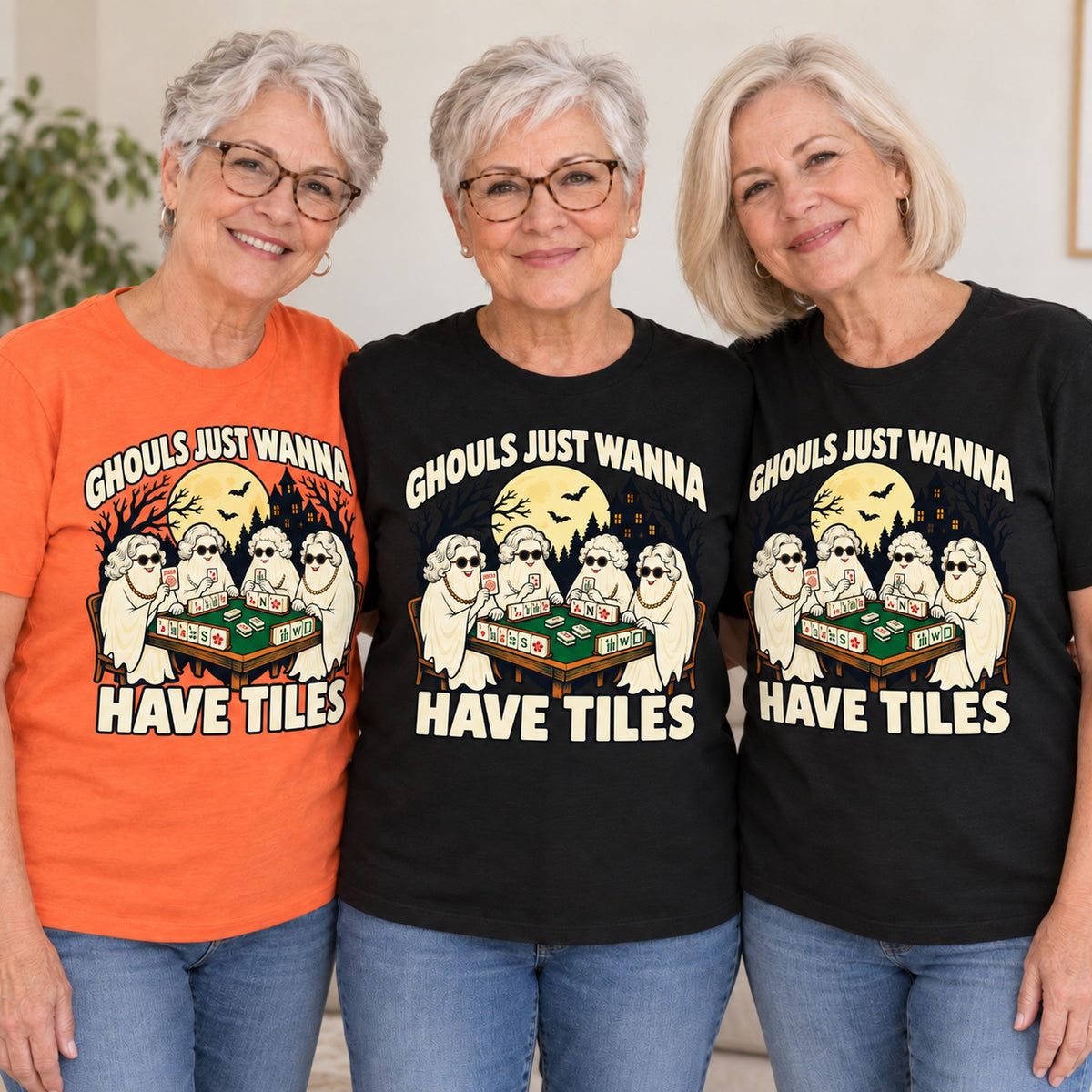 Ghouls Just Wanna Have Tiles mahjong T-shirt worn by three friends. Friends are wearing M, L and XL. [bb c=all r=friends]