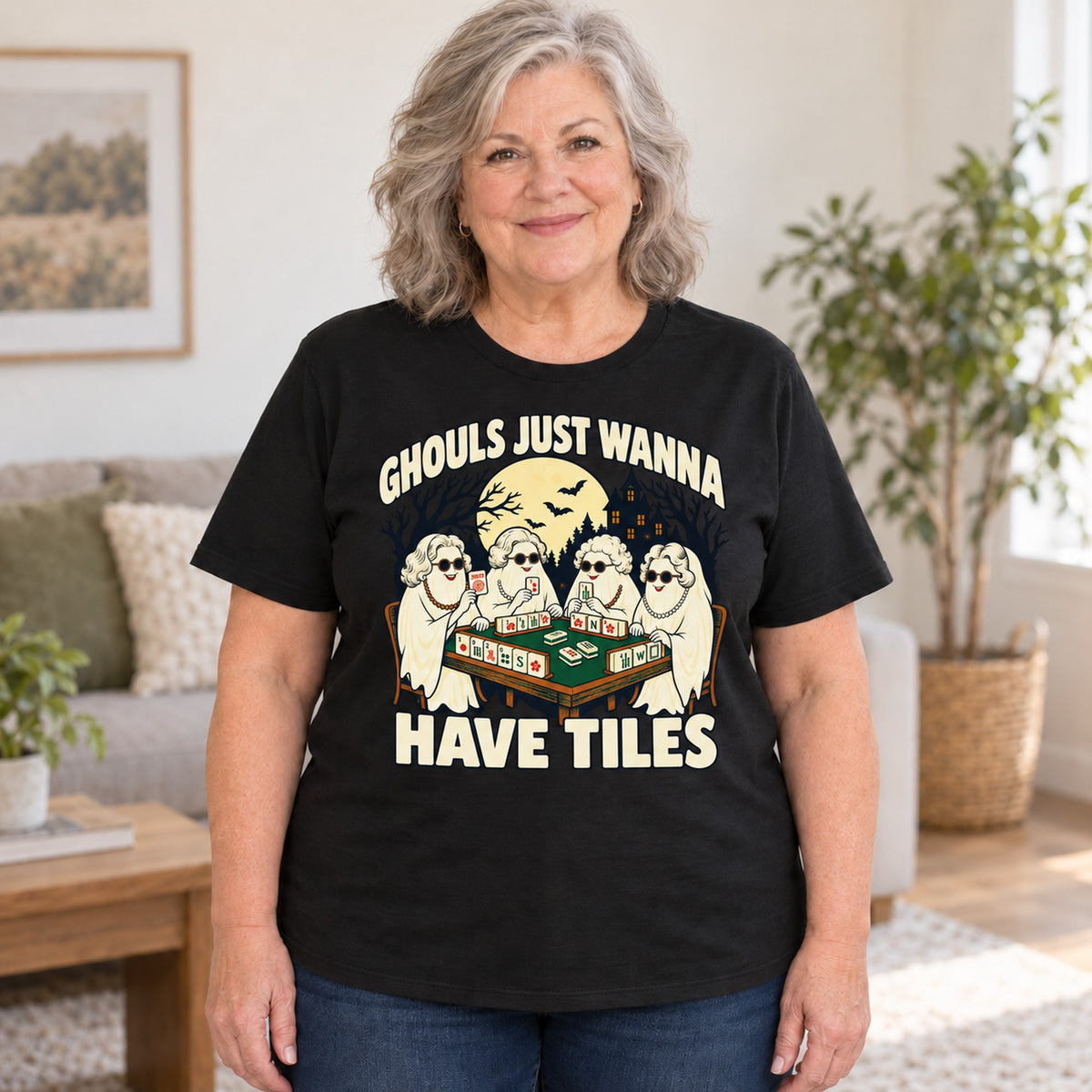 Ghouls Just Wanna Have Tiles mahjong T-shirt in Black, worn by Debra. Debra is 5′4″ and wears her usual size 2XL. [bb c=black r=body2]