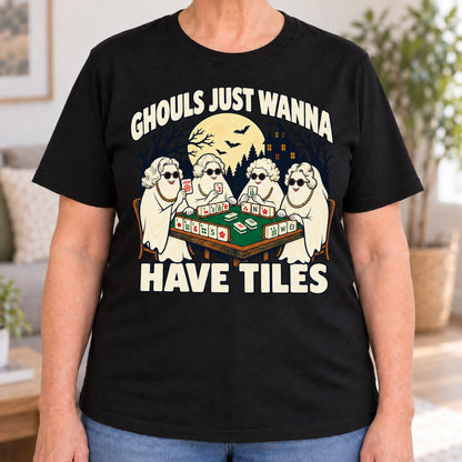 Ghouls Just Wanna Have Tiles mahjong T-shirt in Black, close-up of the print, worn by Judy. Judy is 5′5″ and wears her usual size L. [bb c=black r=close]