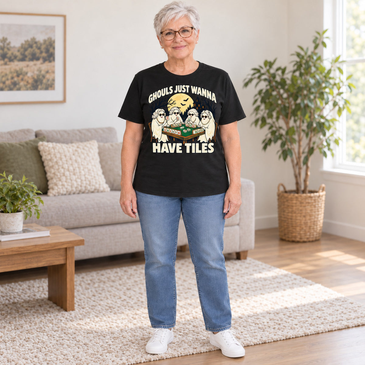 Ghouls Just Wanna Have Tiles mahjong T-shirt in Black, full length, worn by Judy. Judy is 5′5″ and wears her usual size L. [bb c=black r=fit]