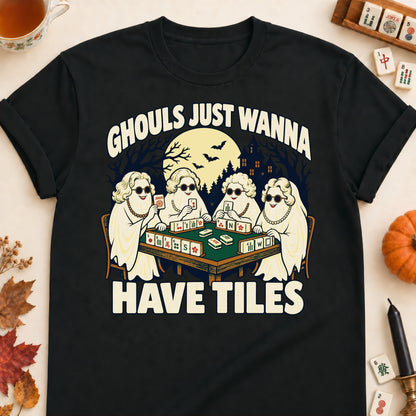 Ghouls Just Wanna Have Tiles mahjong T-shirt in Black, laid flat. [bb c=black r=flat]