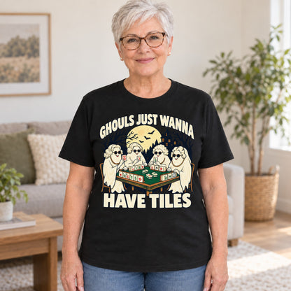 Ghouls Just Wanna Have Tiles mahjong T-shirt in Black, worn by Judy. Judy is 5′5″ and wears her usual size L. [bb c=black r=hero]