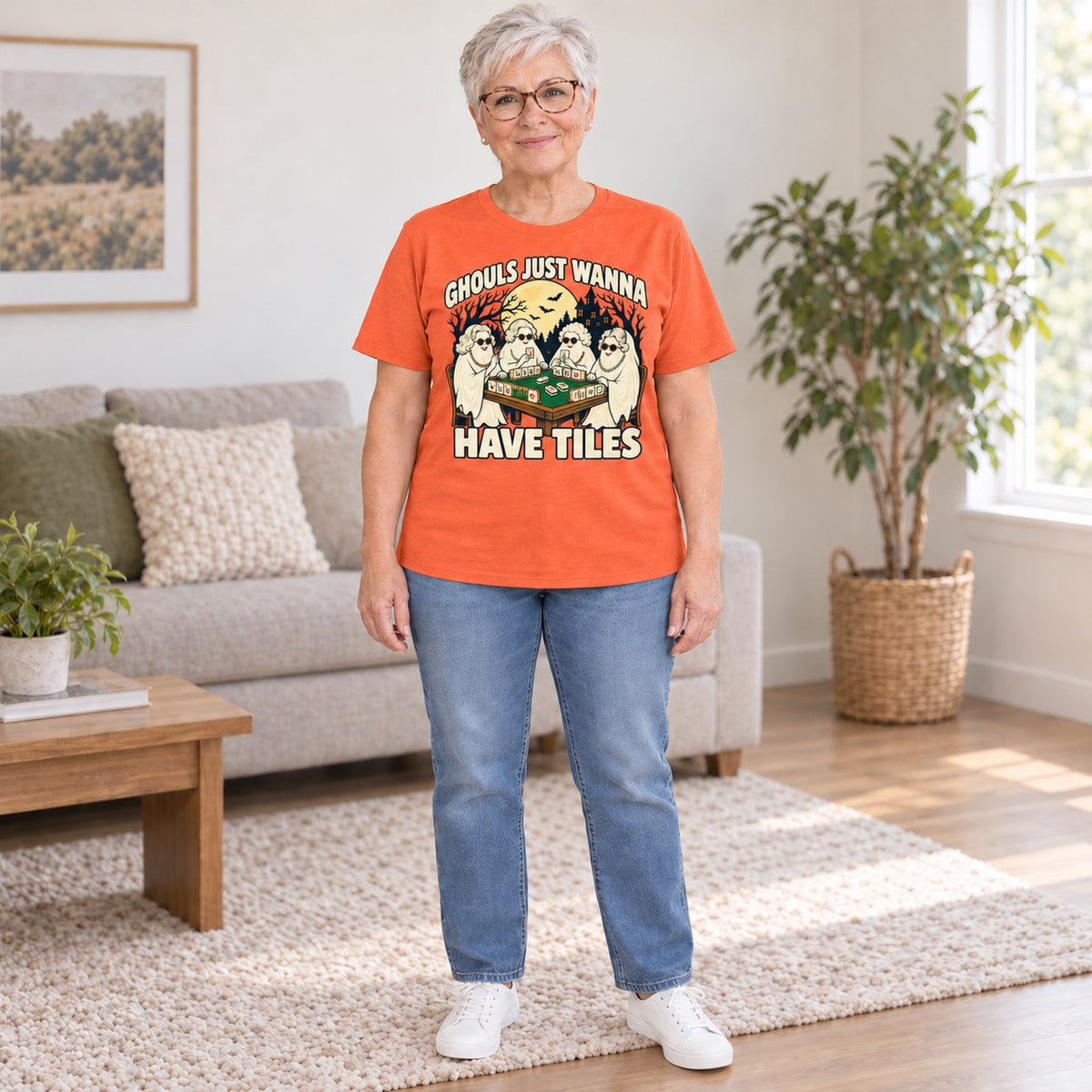 Ghouls Just Wanna Have Tiles mahjong T-shirt in Orange, full length, worn by Judy. Judy is 5′5″ and wears her usual size L. [bb c=orange r=fit]