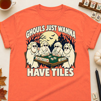 Ghouls Just Wanna Have Tiles mahjong T-shirt in Orange, laid flat. [bb c=orange r=flat]