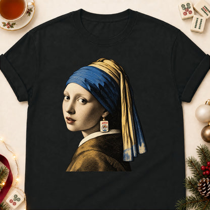 Girl With A Joker Earring mahjong T-shirt in Black, laid flat. [bb c=black r=flat]